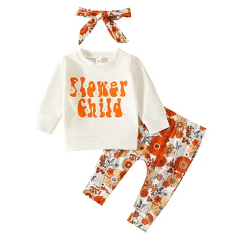 Дрехи с цветен печат за малки момичета, есента hoody с дълги ръкави, сладък пуловер с букви, панталони с флорални принтом, екипировки от 3 теми Дрехи за момичета