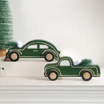 Дървена коледен камион Тъмно зелен цвят, малки дървени автомобилни бижута, ръчно изработени, дървени автомобилни украса за коледна украса