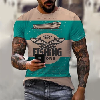 Лятна мъжка реколта тениска с Рибарско графика и 3D принтом, Модна тениска с къс ръкав, Мъжки дрехи, фланелка Оверсайз, Градинска облекло